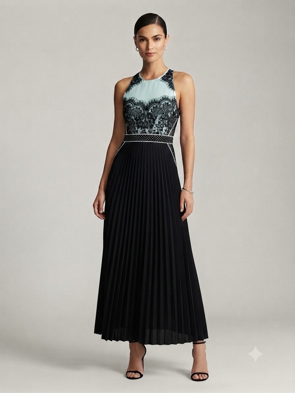 RW&CO. Whire Lace Bodice with Black Pleated Maxi Dress Size 6